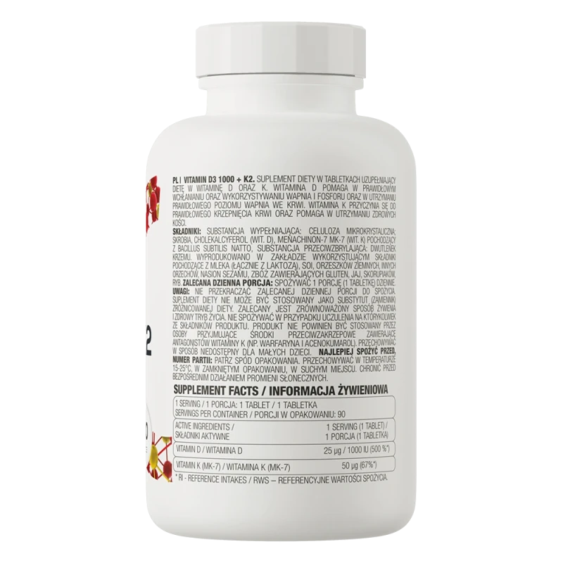 OstroVit Vitamin D3 1000 IU + K2 | D3 ja K2 vitamiin 90 tabletti